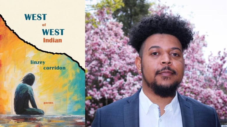 A composite of the book cover, a splash of green watercolour with the title and the portrait of the author: a Black man wearing a suit in front of cherry blossoms