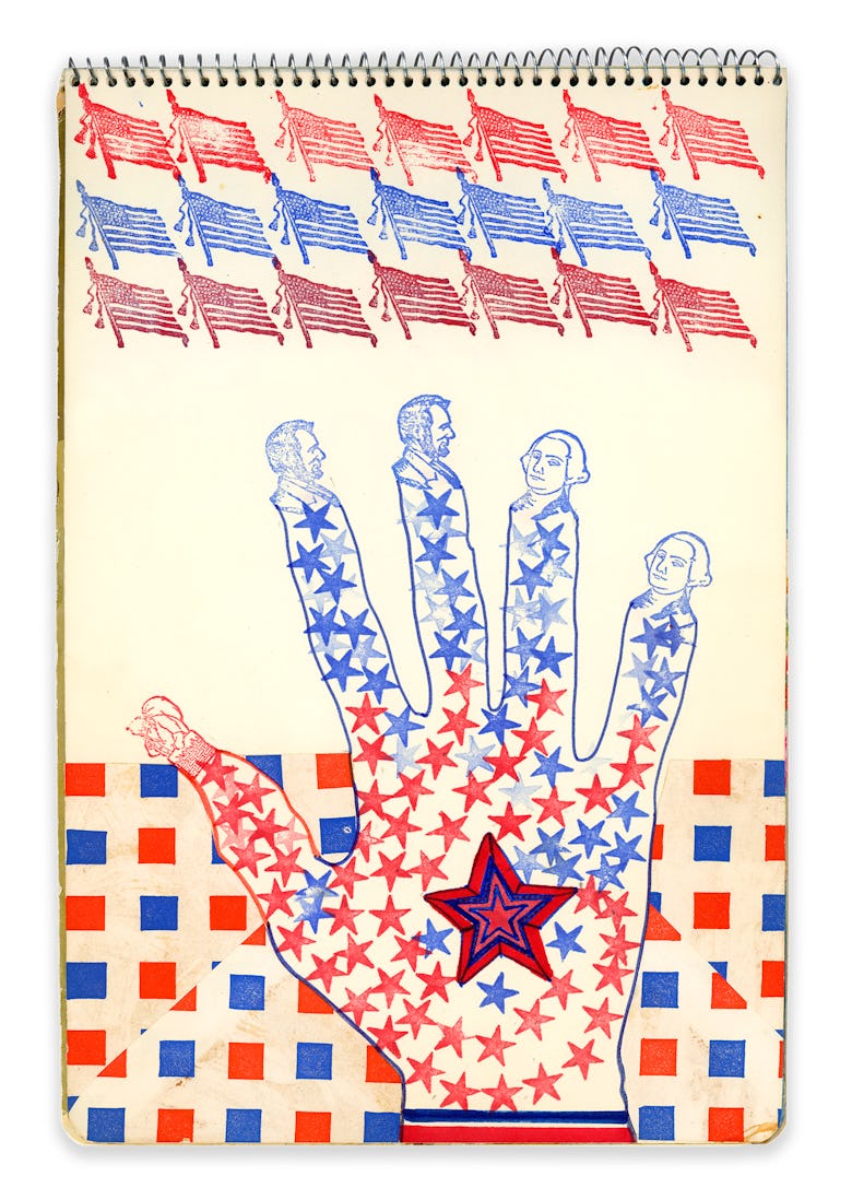 Red white and blue poster with hand of presidents of the United States by Betye Saar