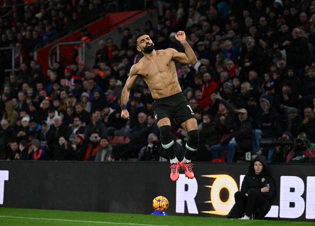 Mohamed Salah celebrating after scoring Liverpool's third goal against Southampton