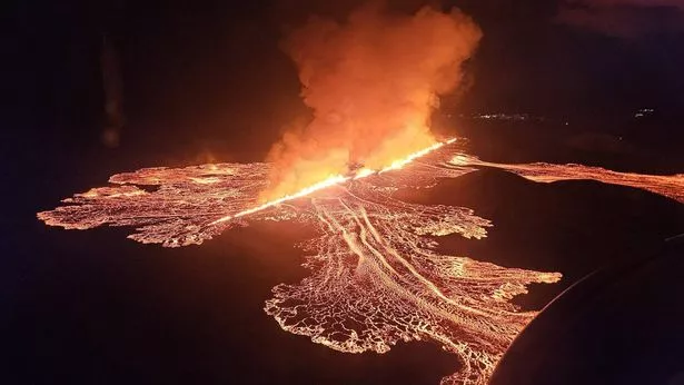 A view of the fire eruption at the Sundhnukur volcanic fissure