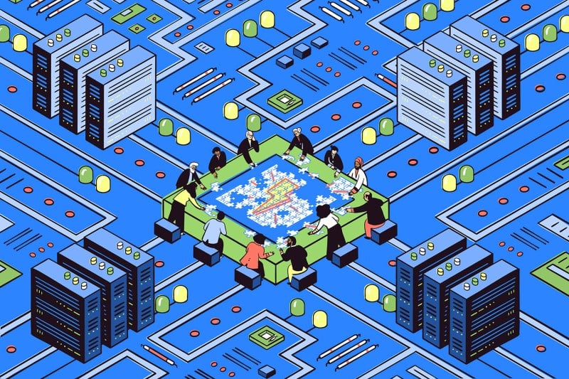 An illustration shows a semiconductor chip as a table with small figures gathered around it. Around it is an electric grid connecting to data centers.