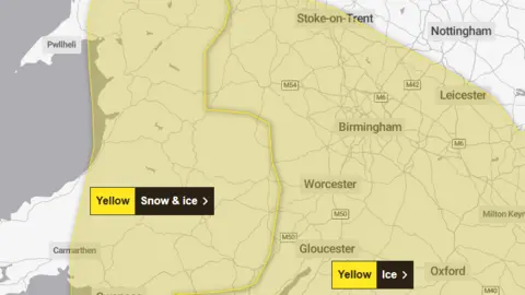 Met Office Met office map showing Wales and England with a yellow area covering parts of north mid and south wales labelled with the words Yellow snow and ice