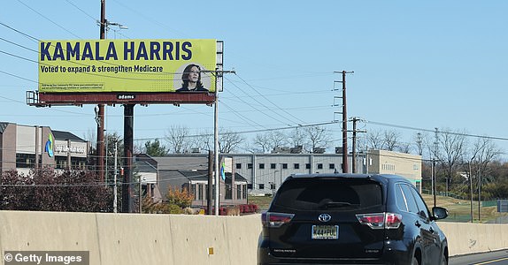 ALLENTOWN, PENNSYLVANIA - NOVEMBER 02: A Democratic presidential nominee, U.S. Vice President Kamala Harris political billboard is seen on Route 22 on November 02, 2024 in Allentown, Pennsylvania. Days before Election Day in the Battleground state of Pennsylvania, where 19 electoral votes up for grabs, polls show that Democratic presidential nominee, U.S. Vice President Kamala Harris has a slim lead against Republican presidential nominee, former U.S. President Donald Trump. The state also will vote in one of the country's most expensive and closely watched races with incumbent Democratic Sen. Bob Casey (D-Pa) against Republican senate candidate, Dave McCormick. (Photo by Michael M. Santiago/Getty Images)