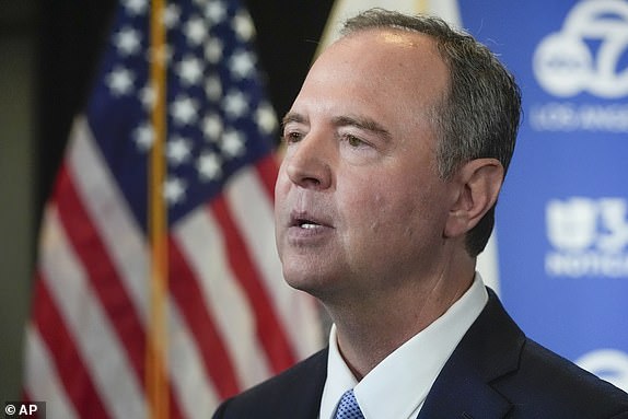 FILE - U.S. Rep. Adam Schiff, D-Calif., a candidate for the U.S. Senate, talks to the media on Tuesday, Oct. 8, 2024, in Glendale, Calif. (AP Photo/Damian Dovarganes,File)