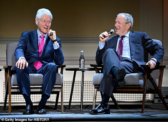 NEW YORK, NEW YORK - FEBRUARY 29: Former Presidents Bill Clinton and George W. Bush speaks onstage HISTORYTalks Leadership & Legacy presented by HISTORY on February 29, 2020 in New York City. (Photo by Noam Galai/Getty Images for HISTORY)