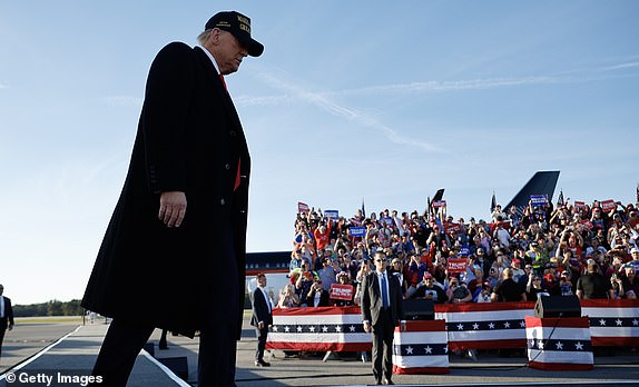 KINSTON, NORTH CAROLINA - NOVEMBER 03: Republican presidential nominee, former U.S. President Donald Trump arrives to speaks during a campaign rally at Kinston Regional Jetport on November 03, 2024 in Kinston, North Carolina. With only two days until the election, Trump is campaigning for re-election on Sunday in the battleground states of Pennsylvania, North Carolina and Georgia. (Photo by Chip Somodevilla/Getty Images)