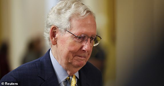 U.S. Senate Minority Leader Mitch McConnell (R-KY) walks at the U.S. Capitol before the arrival of Ukraine's President Volodymyr Zelenskiy for a meeting with Congressional leaders, days before a Sept. 30 deadline to extend or lose billions of dollars in military aid, in Washington, U.S., September 26, 2024. REUTERS/Leah Millis