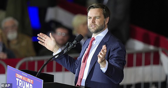 Republican vice presidential nominee Sen. JD Vance, R-Ohio, speaks during a campaign rally on Sunday, Nov. 3, 2024, in Derry, N.H. (AP Photo/Steve Senne)