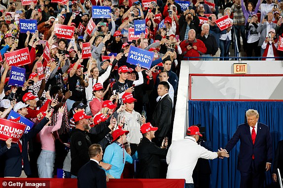 RALEIGH, NORTH CAROLINA - NOVEMBER 04:  Republican presidential nominee, former U.S. President Donald Trump arrives for a campaign rally at the J.S. Dorton Arena on November 04, 2024 in Raleigh, North Carolina. With one day left before the general election, Trump is campaigning for re-election in the battleground states of North Carolina, Pennsylvania and Michigan.  (Photo by Chip Somodevilla/Getty Images)