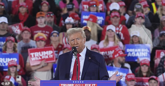 Republican presidential nominee former President Donald Trump speaks during a campaign rally at J.S. Dorton Arena, Monday, Nov. 4, 2024, in Raleigh, N.C. (AP Photo/Evan Vucci)