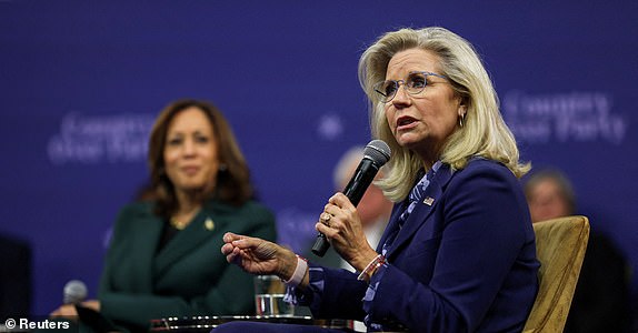 FILE PHOTO: Former U.S. Rep. Liz Cheney (R-WY) speaks, during a town hall held by Democratic presidential nominee and U.S. Vice President Kamala Harris, in The People's Light in Malvern, Pennsylvania, U.S., October 21, 2024. REUTERS/Leah Millis/File Photo