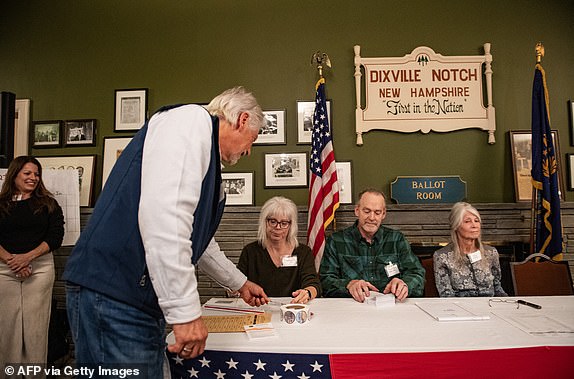 TOPSHOT - A resident of Dixville Notch shows their ID as they check in to cast their ballots in the US election at midnight in the living room of the Tillotson House at the Balsams Grand Resort, marking the first votes in the US election, in Dixville Notch, New Hampshire on November 5, 2024. The six people voting in Dixville Notch, four Republican and two undeclared, kick off Election Day at the stroke of midnight. Vice President Kamala Harris and former President Donald Trump have tied with three votes each. (Photo by Joseph Prezioso / AFP) (Photo by JOSEPH PREZIOSO/AFP via Getty Images)