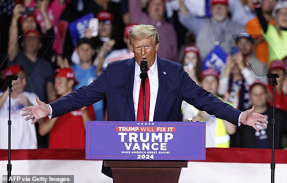 Former US President and Republican presidential candidate Donald Trump speaks at his last campaign rally at Van Andel Arena in Grand Rapids, Michigan on November 5, 2024. (Photo by KAMIL KRZACZYNSKI / AFP) (Photo by KAMIL KRZACZYNSKI/AFP via Getty Images)