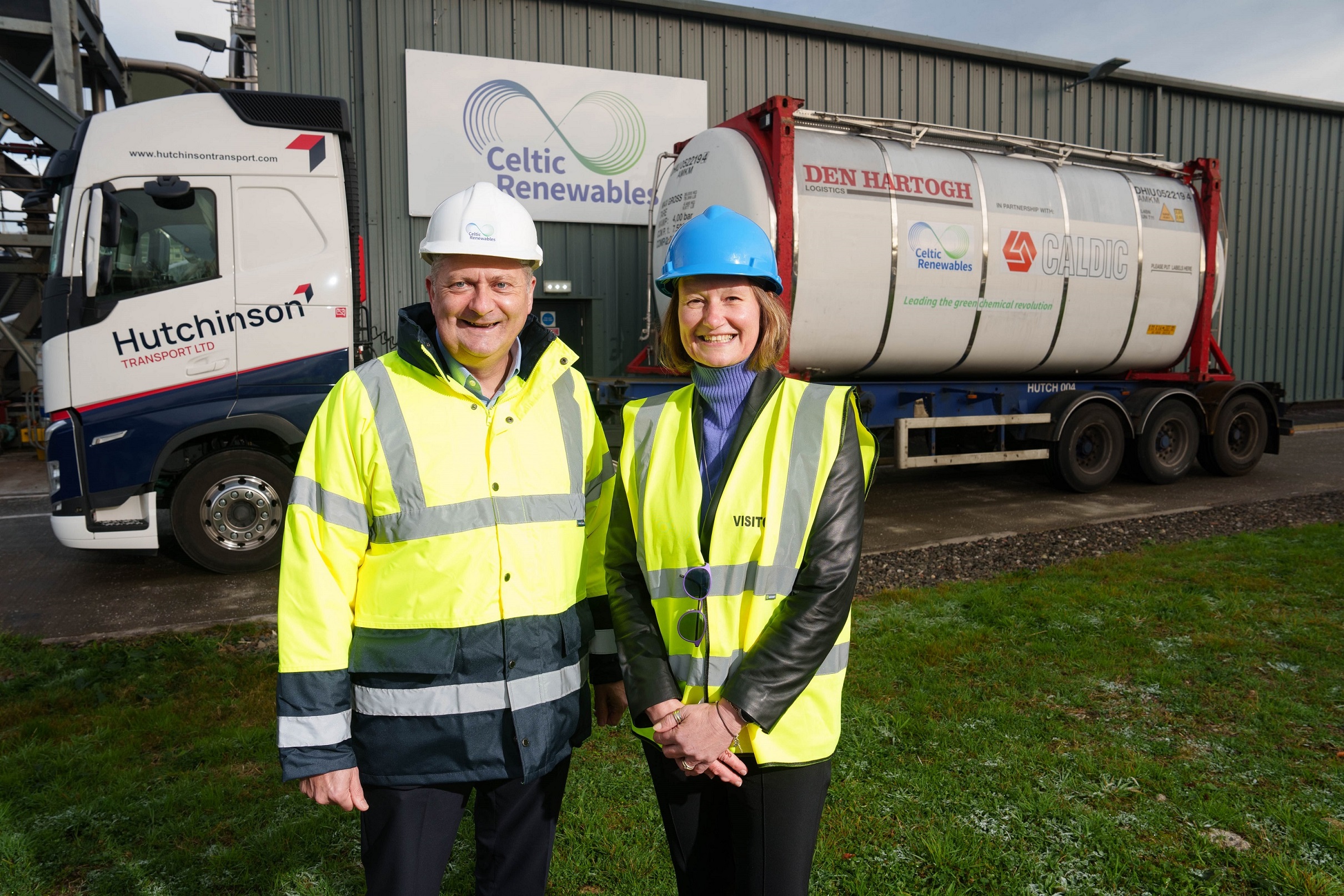 Mark Simmers of Celtic Renewables and Bettina Brierly of the chemicals distributor Caldic celebrate the first tanker leaving the Grangemouth plant