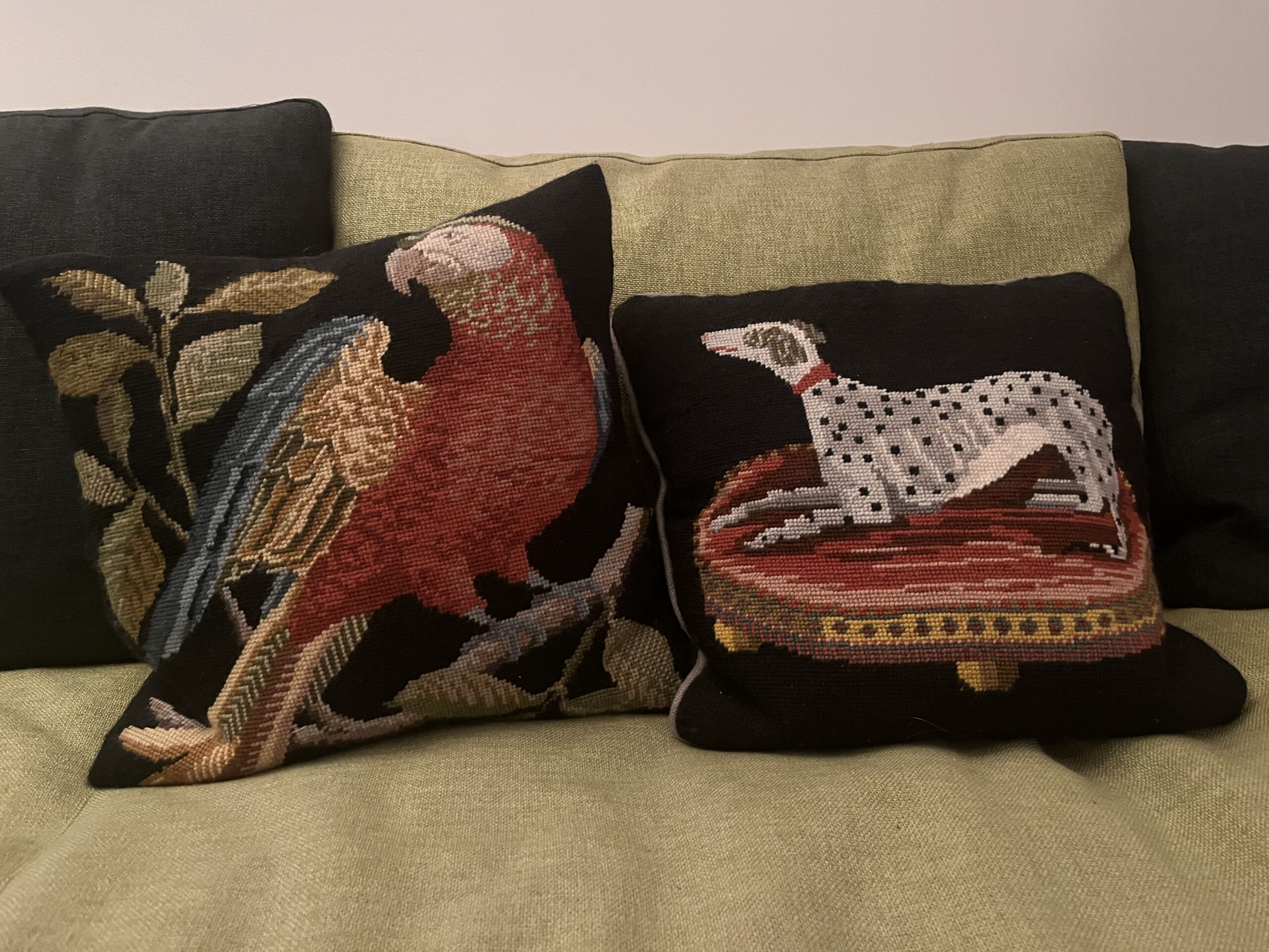 Two cushions made for the prison charity Fine Cell Work