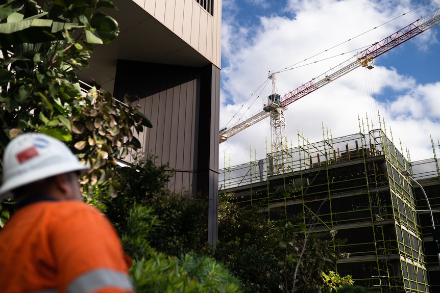 Building covered in scaffolding, construction, crane