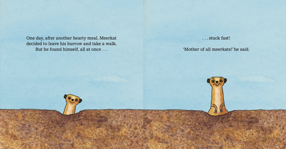 A double-page spread from a children's book showing a meerkat popping out of a hole in the ground