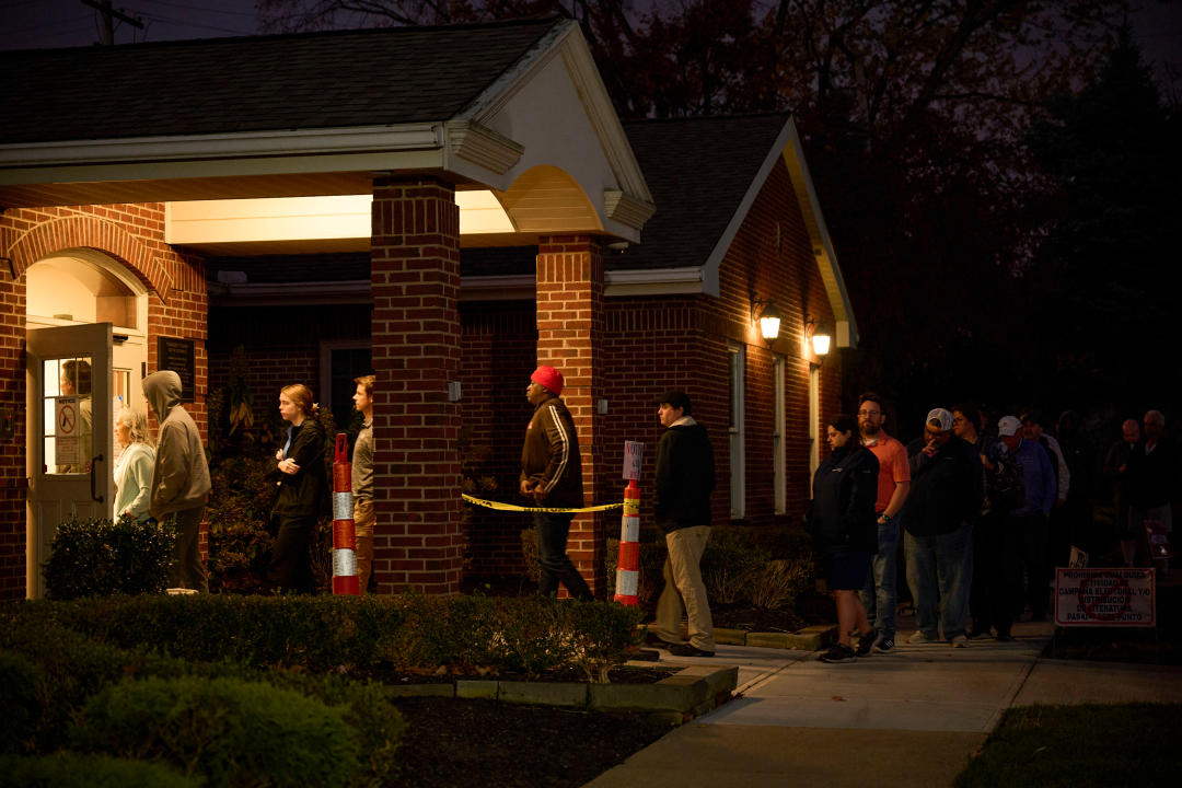 Voters wait in line to cast their ballot at a polling location for the 2024 Presidential election in Lyndhurst, Ohio, US, on Tuesday, Nov. 5, 2024. (Dustin Franz/Bloomberg/Getty)