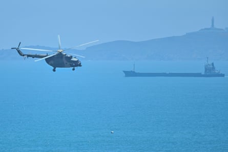 A Chinese military helicopter flies past Pingtan island, one of mainland China’s closest point to Taiwan, in 2022.