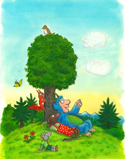 Illustration of alien lounging under a tree with animal characters, pointing into the sky