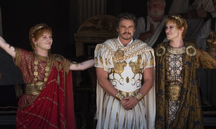 From left, Fred Hechinger as Emperor Caracalla, Pedro Pascal as General Acacius and Joseph Quinn as Emperor Geta.