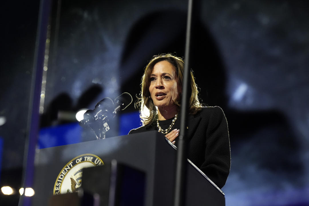 Democratic presidential nominee Vice President Kamala Harris speaks during a campaign rally outside the Philadelphia Museum of Art on Monday.