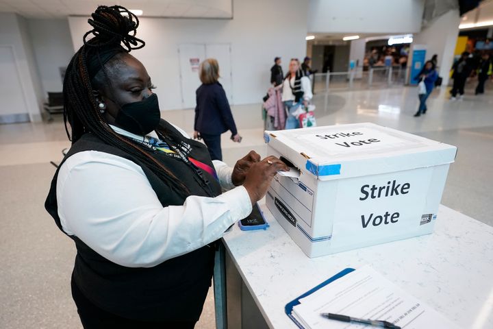 LaQuanda Harvey, a Prospect airport service worker, votes in favor of a strike at Charlotte Douglas International Airport on Friday.