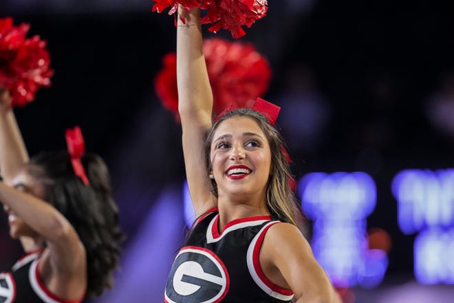 Nov 4, 2024; Athens, Georgia, USA; Georgia Bulldogs cheerleaders and dance members perform during the game against the Tennessee Tech Golden Eagles at Stegeman Coliseum. Mandatory Credit: Dale Zanine-Imagn Images