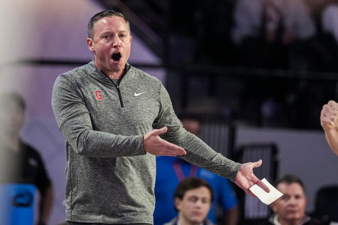 Nov 4, 2024; Athens, Georgia, USA; Georgia Bulldogs head coach Mike White shown working the sidelines during the game against the Tennessee Tech Golden Eagles at Stegeman Coliseum. Mandatory Credit: Dale Zanine-Imagn Images