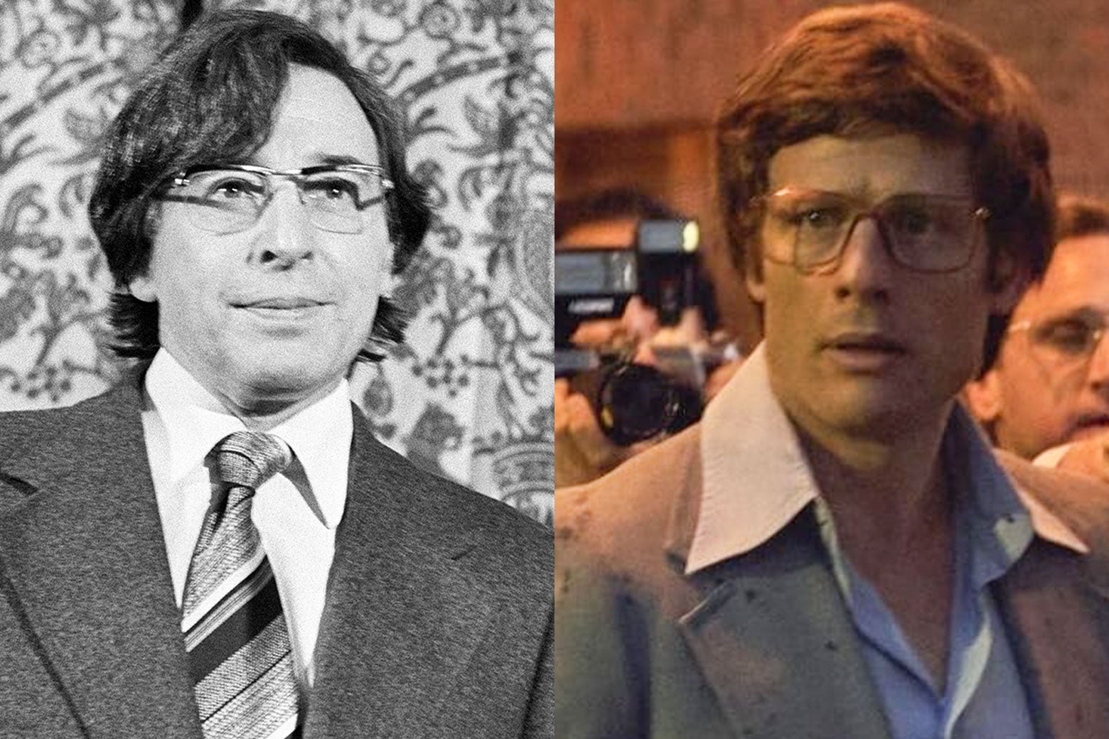 Black-and-white photo of a brown-haired male scientist wearing glasses and the more conventionally attractive bespectacled actor portraying him.