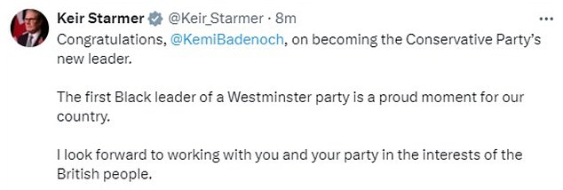 Keir Starmer welcomed Ms Badenoch's achievement as the first black leader of a Westminster party