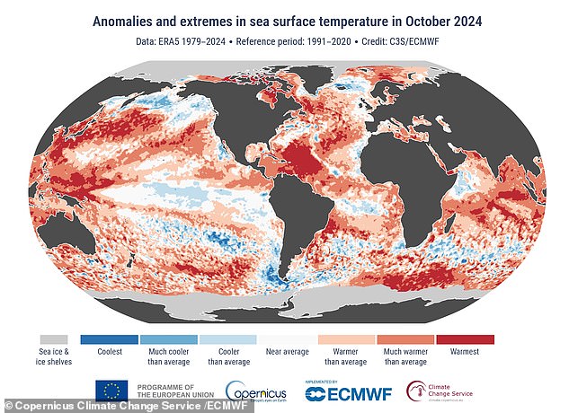 Sea temperatures in October (pictured) were at their second-highest level for the month this year. Scientists say that warmer seas increase the risk of violent storms and hurricanes forming over the Atlantic