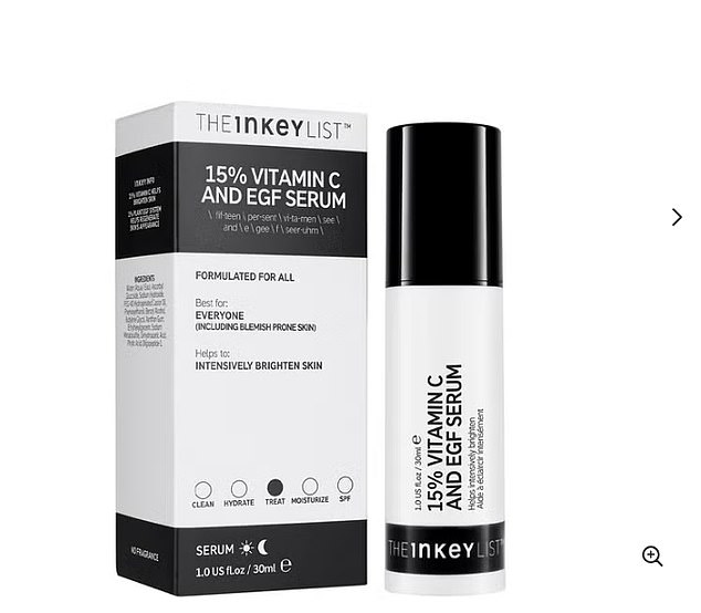 Another low-cost option is The Inkey List 15% Vitamin C and EGF Serum, available in Boots, which costs £15 for 30ml