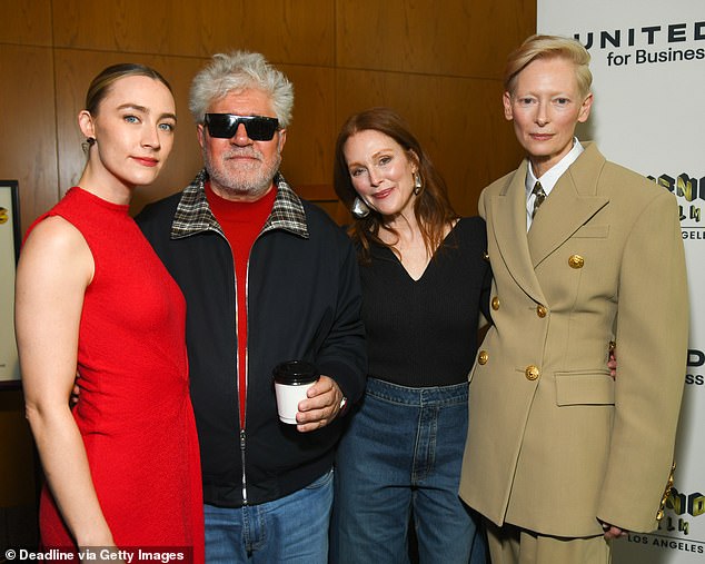 The actresses posed up with The Room Next Door director Pedro Almodovar, 75