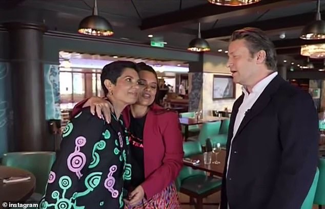 Oliver sat down for an interview with 10 News First's Narelda Jacobs (far left) this week, during which he shared an embrace with Mundanara Bayles (centre), the Managing Director and co-founder of the BlackCard