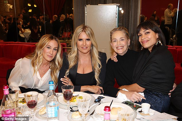 After posing on the red carpet, the stars headed inside for a meal (Pictured L-R: Sarah Jessica Parker, Tiziana Rocca, Sharon Stone and Rosario Dawson)