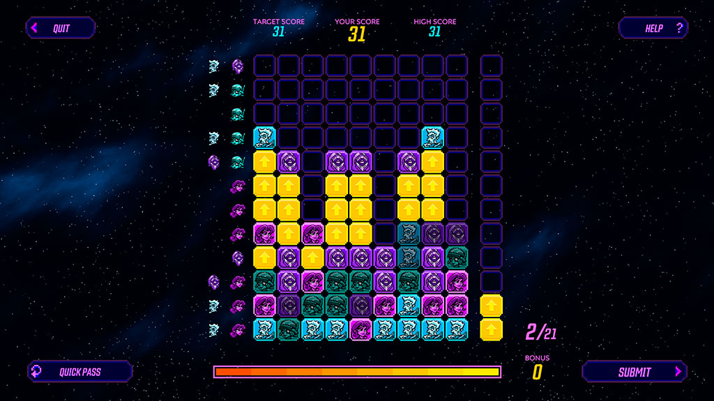 A colorful puzzle game grid with yellow, blue, and purple tiles in a space-themed background. Score details and options like 