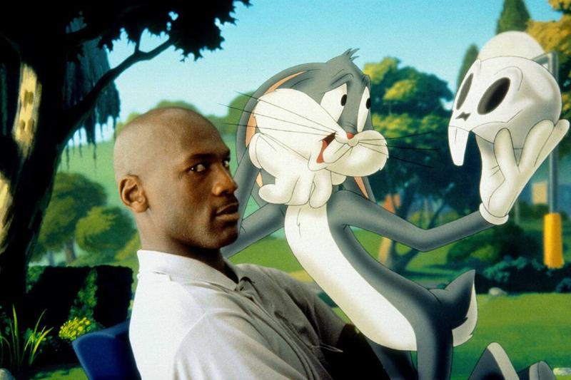 Bugs Bunny referencing Hamlet with buck-toothed skull next to confused Michael Jordan in Space Jam