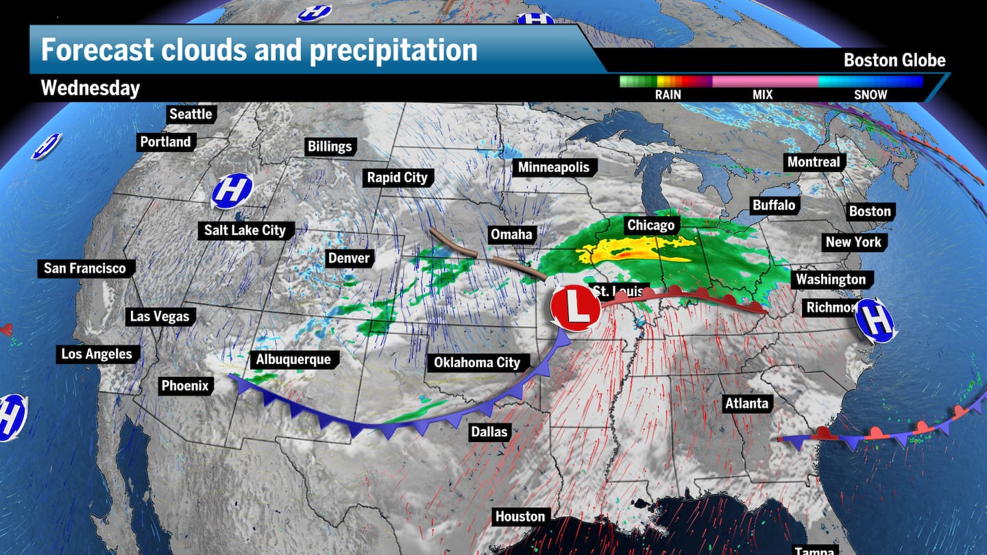 A storm system will further strengthen on Wednesday with both coasts staying mostly calm.