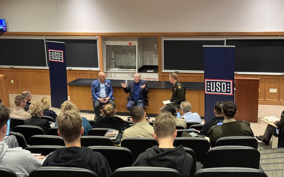 New York Times best-selling author James Patterson (center) and 1st Sgt. (Ret.) Matt Eversmann (left) speak with Army cadets during a Q&A session 