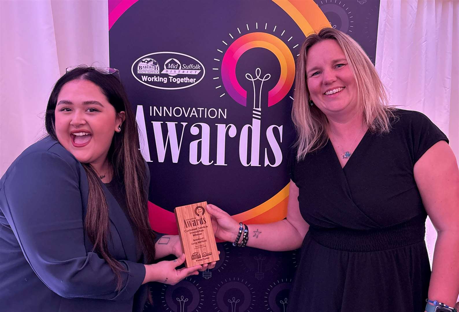 Breakout in Long Melford won the Customer Service Innovation award at the 2024 Babergh and Mid Suffolk Innovation Awards. Pictured: Nisha Alam and Farley Boxall. Contributed photo.