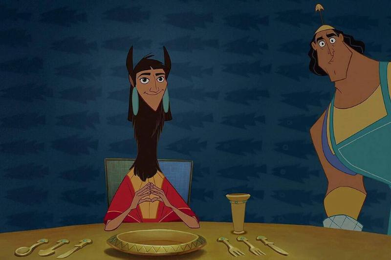 Kuzco as a llama sitting at dinner table next to a bewildered Kronk in The Emperor's New Groove