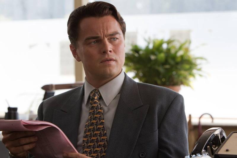 Leonardo DiCaprio looking disturbed as Jordan Belfort in The Wolf of Wall Street