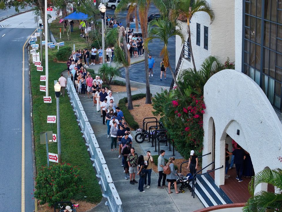 An aerial drone view showing the line at a polling site in St. Petersburg. Florida, on Tuesday morning