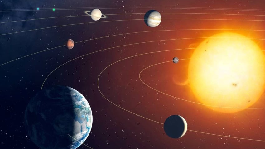 Model solar system with planets blown up to show detail.