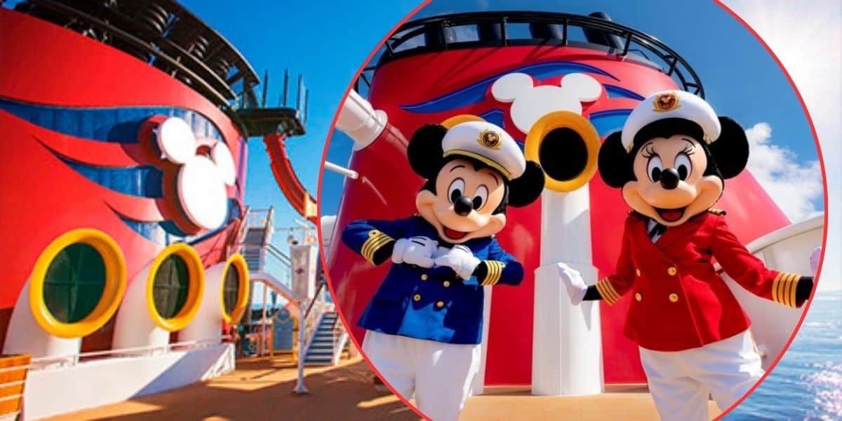 Two characters in sailor costumes pose in front of a large red ship funnel. The funnel has a white silhouette of a mouse head. The characters, one in blue and one in red, both wear captain's hats and white gloves. The sky is clear and blue in the background.