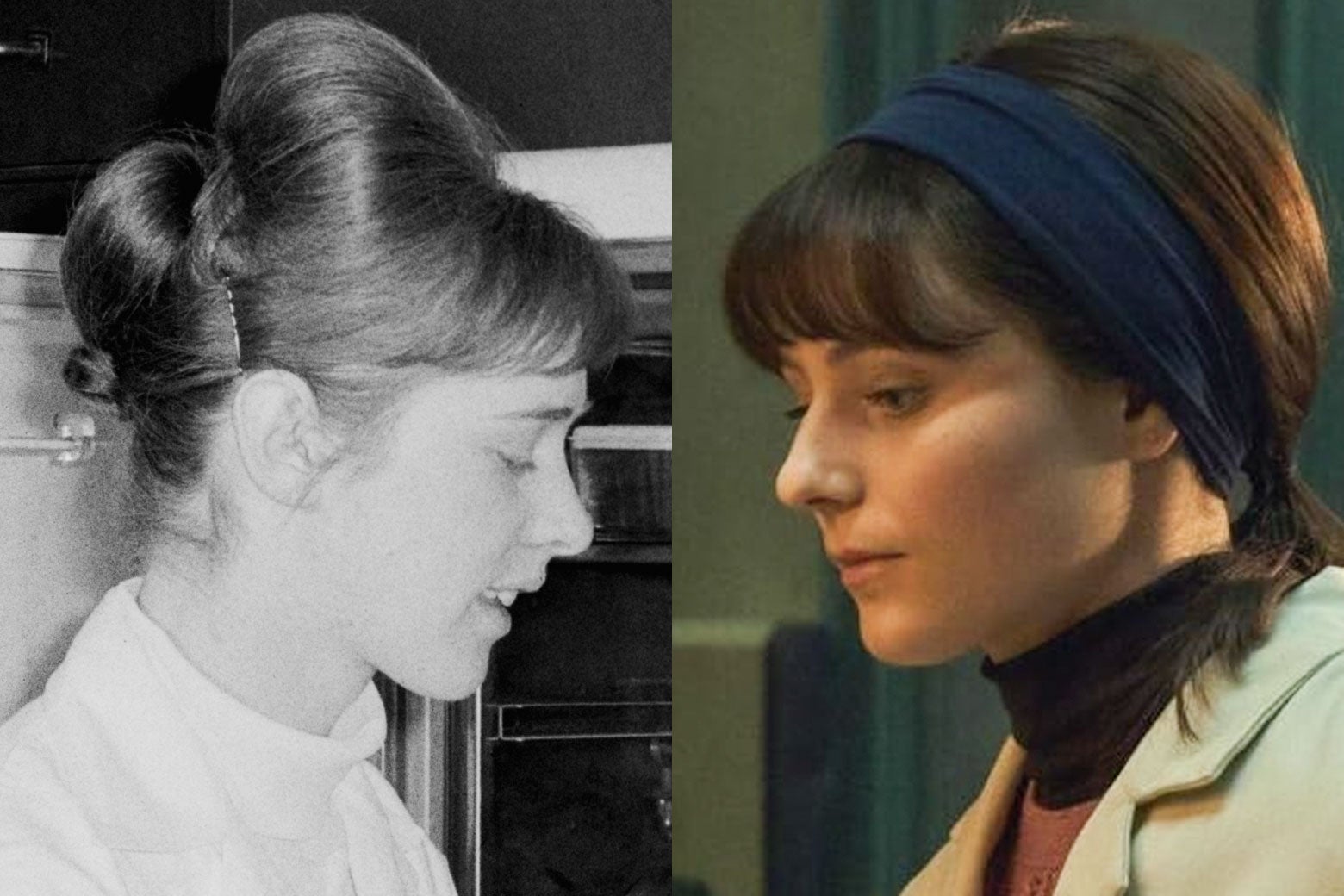 Side-by-side of a 1960s-era female researchers with a lab coat and an updo and an actress portraying her, wearing a brown turtleneck and a blue headband.