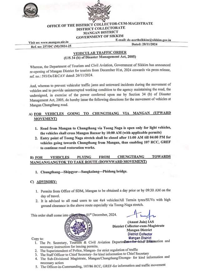 Attached Below Advisory : Traffic Regulations Announced for Mangan District Ahead of Tourist Reopening