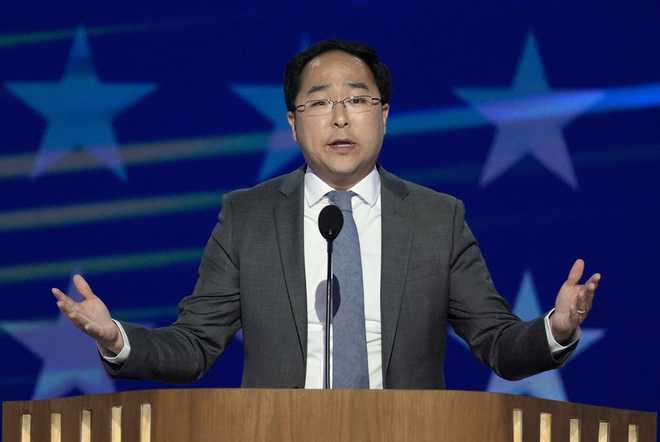 FILE - Rep. Andy Kim, D-N.J., speaks during the Democratic National Convention, Aug. 21, 2024, in Chicago. (AP Photo/J. Scott Applewhite)