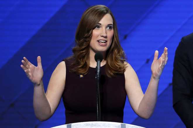 LGBT rights activist Sarah McBride speaks during the final day of the Democratic National Convention in Philadelphia, July 28, 2016. (AP Photo/J. Scott Applewhite, File)